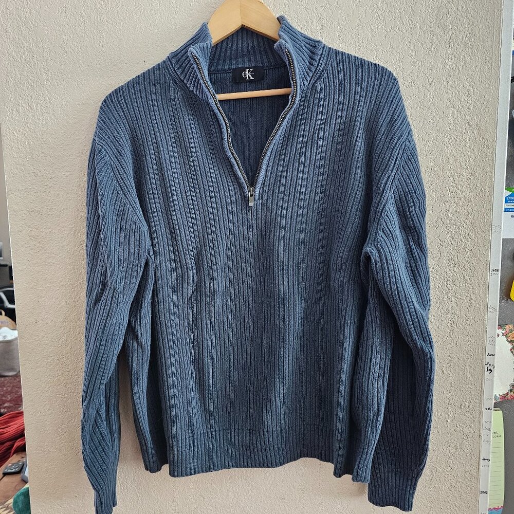 Calvin Klein Men's 1/4 Zip Mock Neck Cotton Knitted Sweater (Denim Blue)